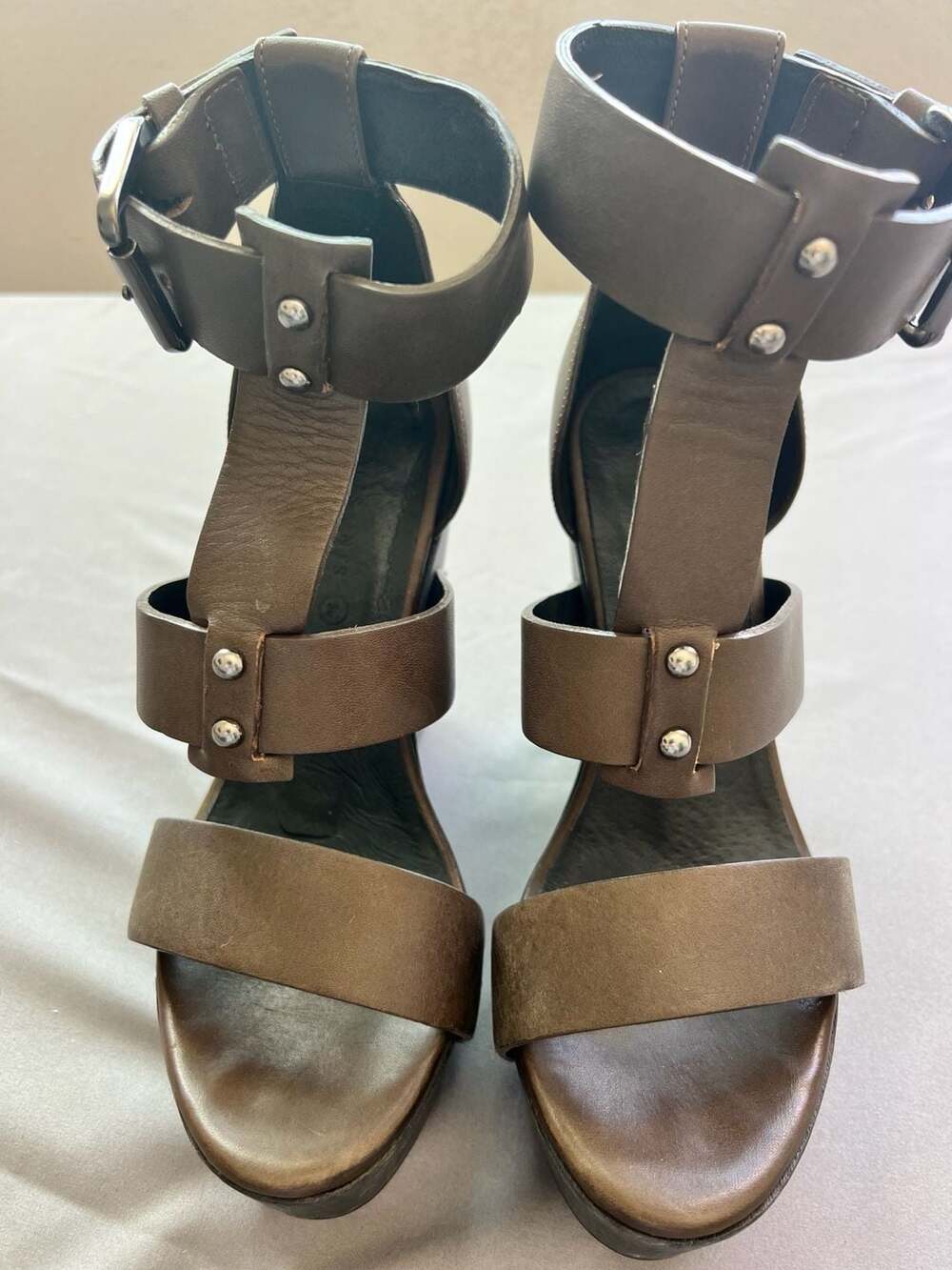 AllSaints Rotchko Brown Leather Studded Platform Wedge Sandals Size EU 36